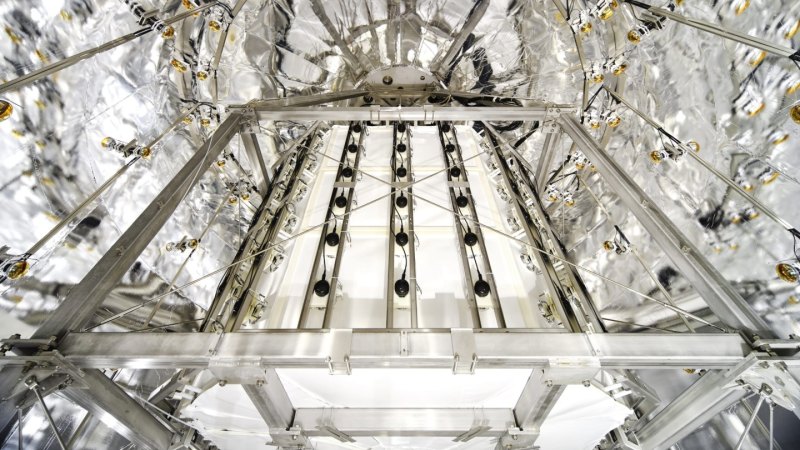 A metal structure in the innards of the XENON-nT experiment.